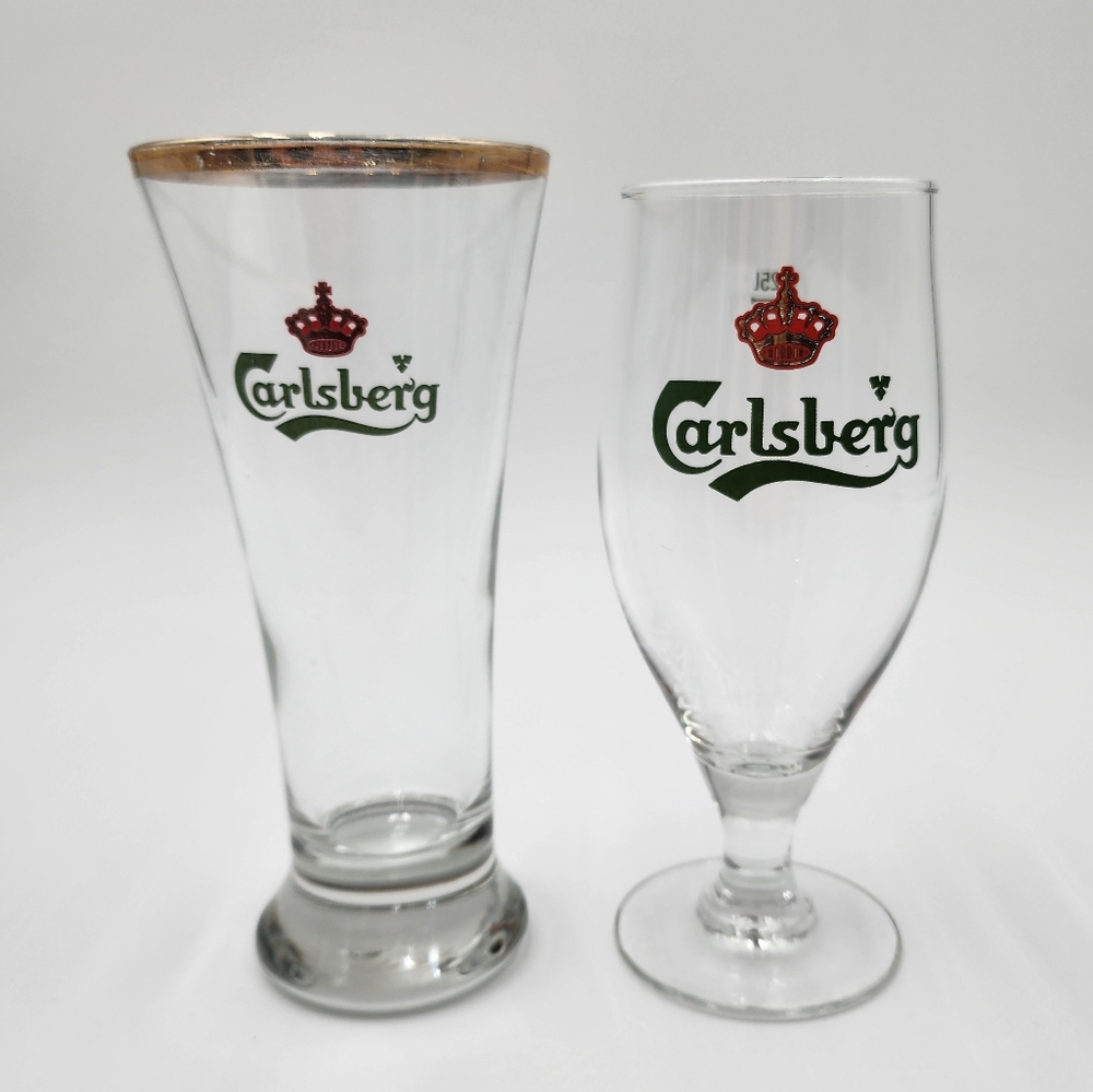 Two Carlsberg Beer Glassware - Tulip & Gold Rimmed Pilsner 12 oz
